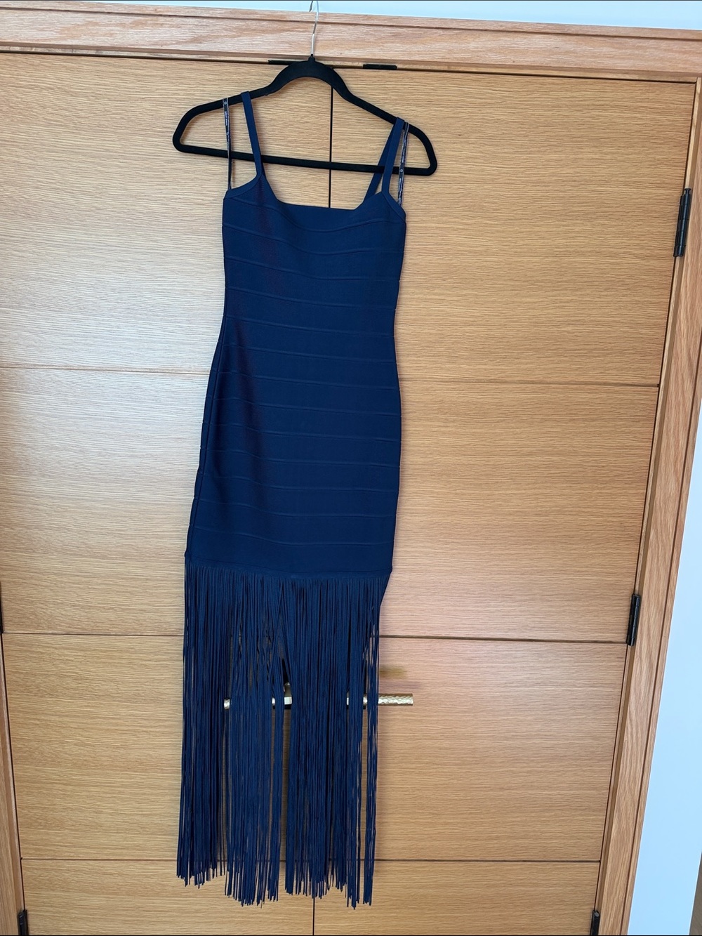Herve Leger Navy Fringe Midi Bandage Dress